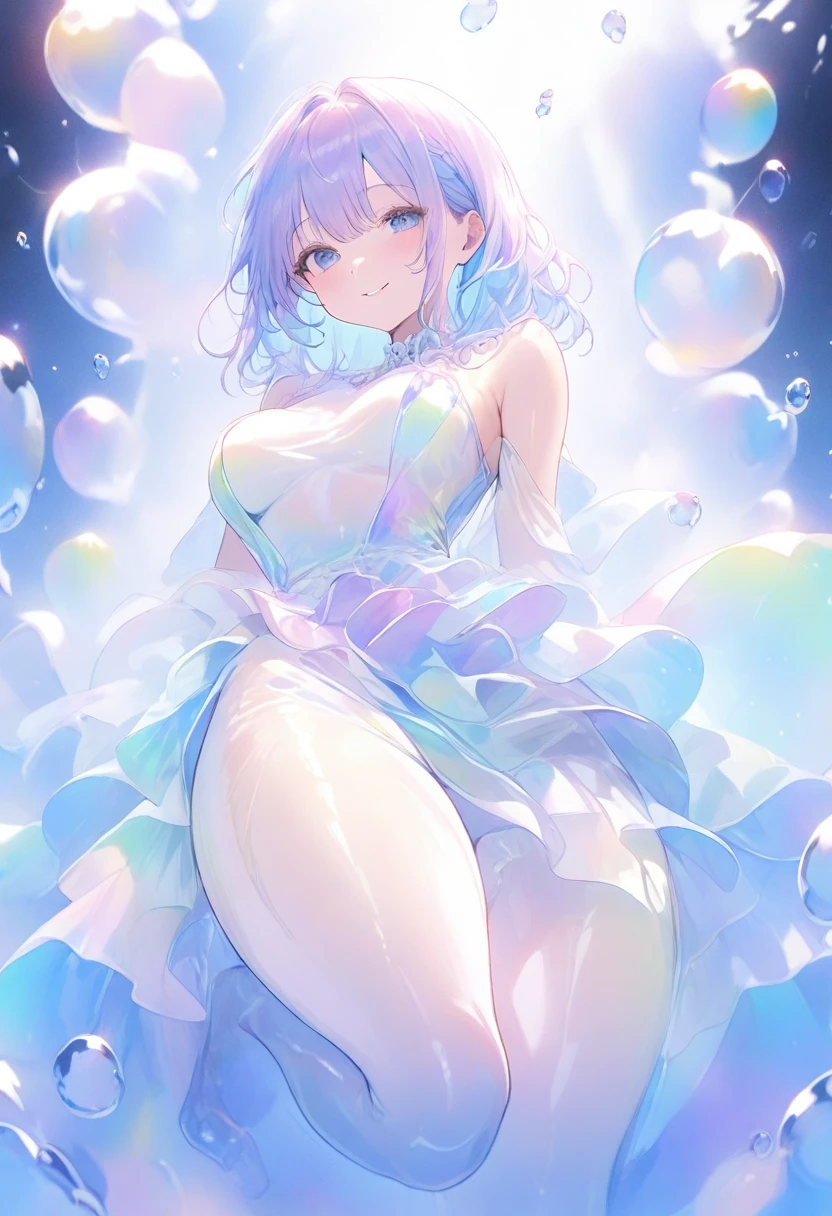 (Super detailed, 8K, best quality, ultra detailed, masterpiece), underwater, A lot of bubbles, Paleblue-blue gradient coloed water, nice, bright, Light shines through the water, Beautiful and mysterious lady with a sweet smile, holding thighs,  pointing right toe up, drifting on her back of underwater, The girl is tall and medium bust,sparkling dark blue eyes, Her long rainbow-colored hime-cut hair is flowing, a dress made of many layers of fabric, shiny glossy iridescent clothes, shiny reflective clothes, pastel, lens Flare, soft gradient　