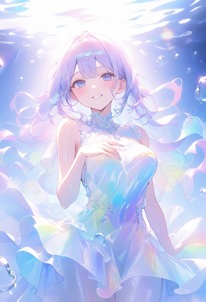 (Super detailed, 8K, best quality, ultra detailed, masterpiece), underwater, A lot of bubbles, Paleblue-blue gradient coloed water, nice, bright, Light shines through the water, Beautiful and mysterious lady with a sweet smile, holding thighs,  pointing right toe up, drifting on her back of underwater, The girl is tall and medium bust,sparkling dark blue eyes, Her long rainbow-colored hime-cut hair is flowing, a dress made of many layers of fabric, shiny glossy iridescent clothes, shiny reflective clothes, pastel, lens Flare, soft gradient　