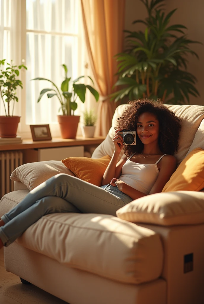 A brunette girl with curly hair and big breasts sits with her legs stretched out, taking a realistic photo