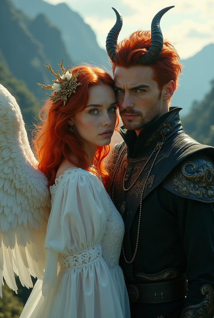 A red-haired angel with blue eyes and a handsome red-haired demon with green eyes, and they are siblings.