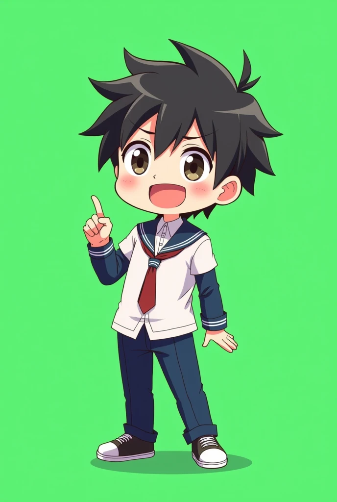 anime,Man, chibi,wearing a high school uniform, is talking ,green screen behind