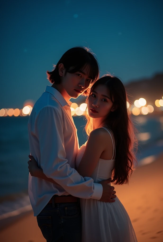 A stunning photograph of korean man had a shoulder length hair and tied up with bangs. he is hugging a beautiful long hair woman. Warm beach setup wonderful night. they both seeing to camera, shoted dimmed light with 150mm lens, perfect ratio photo