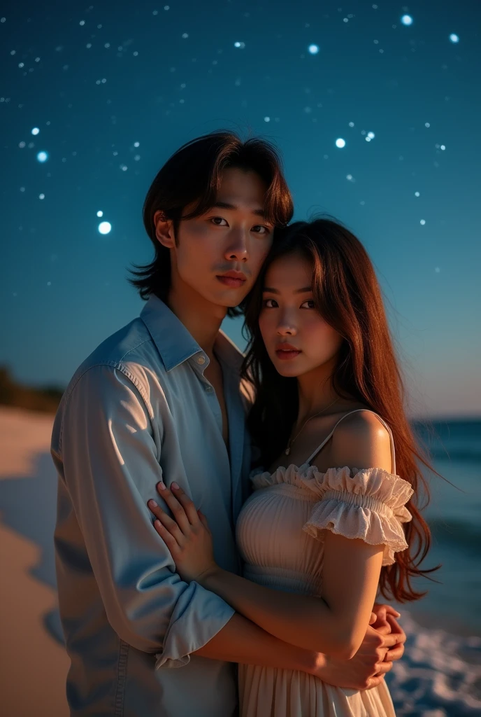 A stunning photograph of korean man had a shoulder length hair and tied up with bangs. he is hugging a beautiful long hair woman. Warm beach setup wonderful night. they both seeing to camera, shoted dimmed light with 150mm lens, perfect ratio photo