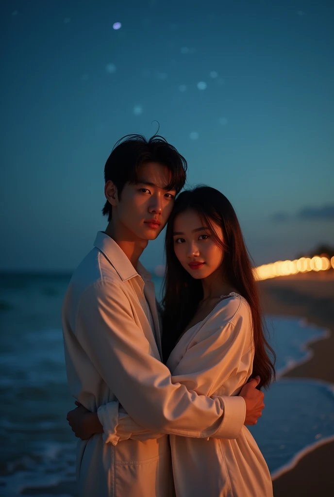 A stunning photograph of korean man had a shoulder length hair and tied up with bangs. he is hugging a beautiful long hair woman. Warm beach setup wonderful night. they both seeing to camera, shoted dimmed light with 150mm lens, perfect ratio photo