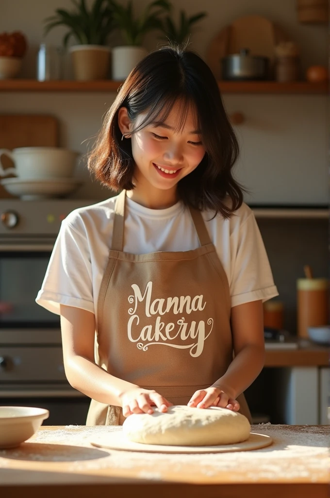 Rotund girl, asian, shoulder length hair, 25 years old making bread dough, wearing an apron with the words "Manna Cakery" with a background of a modern oven and other bakery equipment. photography ,16k ,hyperrealistic