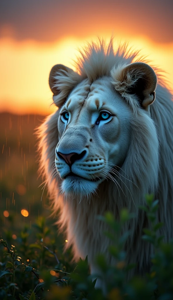Create an ultra realistic 8k image of an albino lion with blue eyes, Strong and beautiful,  At sunrise and raining, focus on the Lion's face 