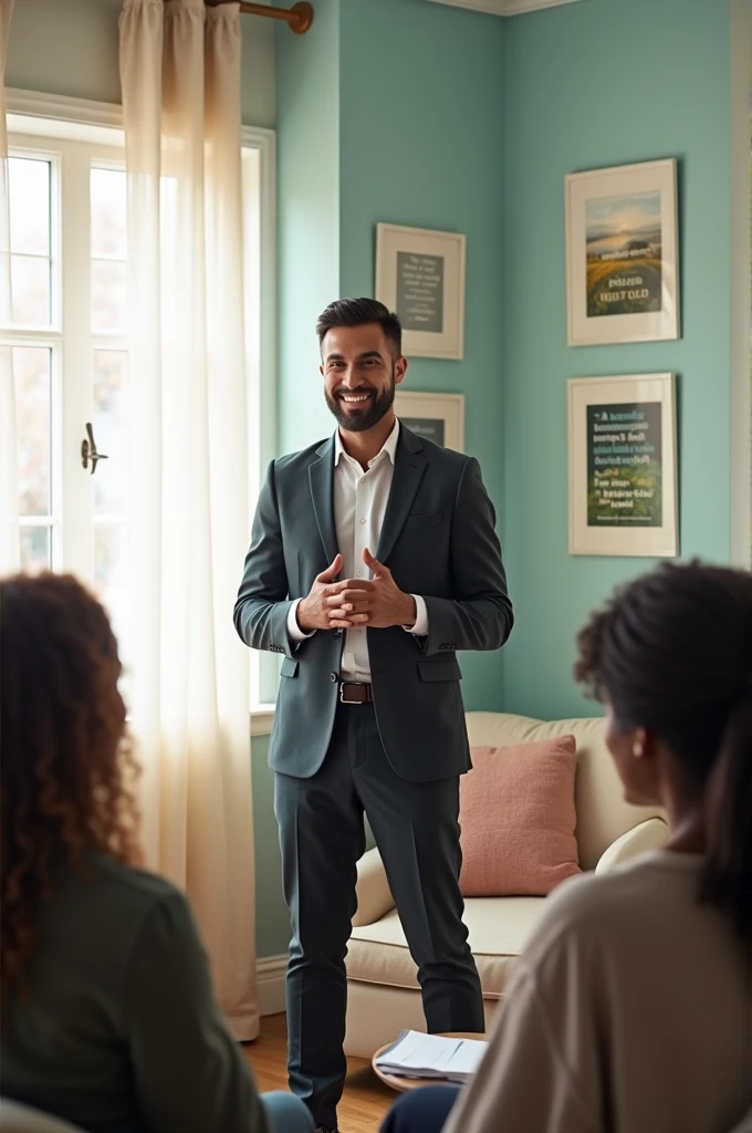 An image of a man who provides Guidance and counseling to his clients (more than two)