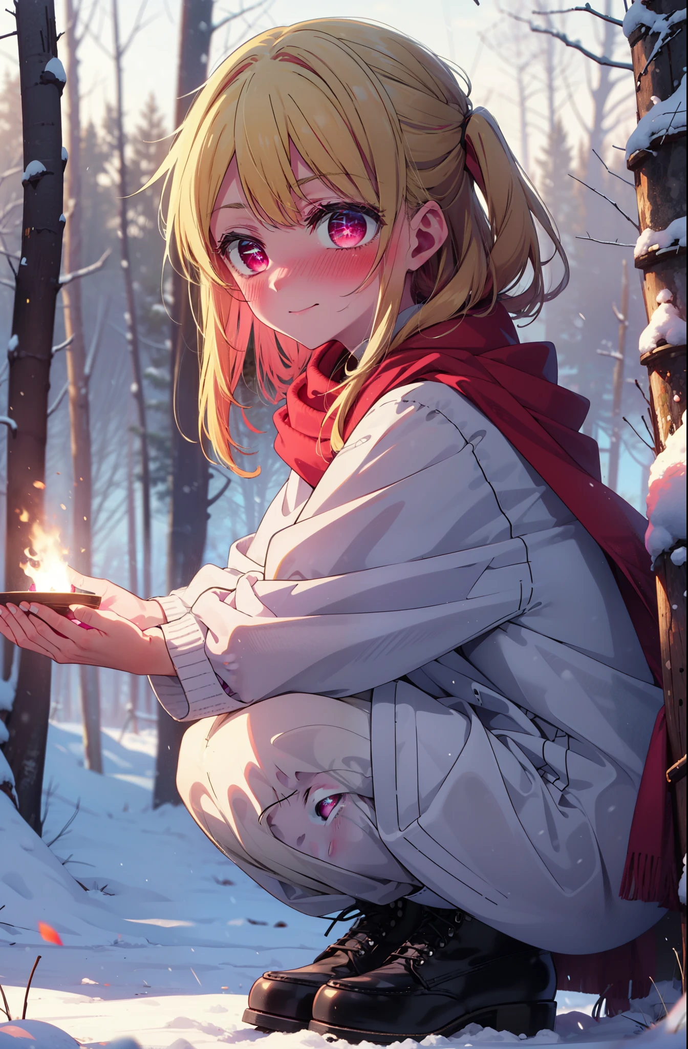 rubyhoshino, Hoshino Ruby, Long Hair, bangs, Blonde, (Pink Eyes:1.3), Side Lock, (Symbol-shaped pupil:1.5), Multicolored Hair, Two-tone hair, smile,,smile,blush,white breath,
Open your mouth,snow,Ground bonfire, Outdoor, boots, snowing, From the side, wood, suitcase, Cape, Blurred, , forest, White handbag, nature, Squat, Mouth closed, Cape, winter, Written boundary depth, Black shoes, red Cape break looking at viewer, Upper Body, whole body, break Outdoor, forest, nature, break (masterpiece:1.2), Highest quality, High resolution, unity 8k wallpaper, (shape:0.8), (Beautiful and beautiful eyes:1.6), Highly detailed face, Perfect lighting, Highly detailed CG, (Perfect hands, Perfect Anatomy),