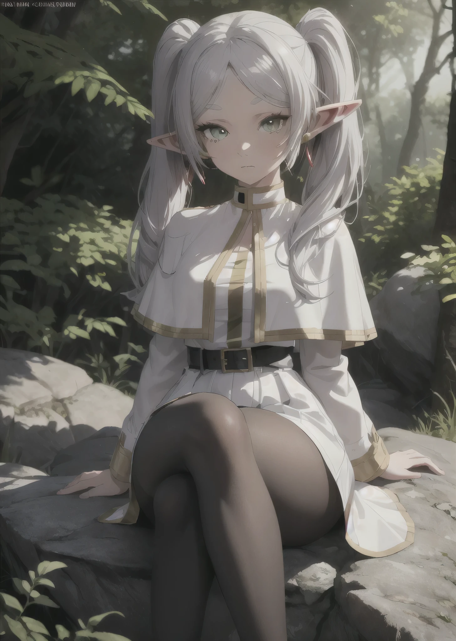 [FrierenBase], [Frieren], ((masterpiece)), ((HD)), ((High Res)), ((solo)), ((front view)), ((waist up)) ((detailed shading)), ((intricate details)), {(slim  figure), (smooth skin), (long white hair), (twintails), (elf ears), (curvy hips), (defined legs), (blank expression)}, {(red crystal earrings), (white capelet), (striped shirt), (horizontal stripes), (long sleeves), (black belt), (white skirt), (gold-trim on skirt), (black pantyhose)}, {(sitting on rock), (crossed legs), (hands in lap), (looking at viewer)}, [ambient lighting, outdoors, forest, sun rays]