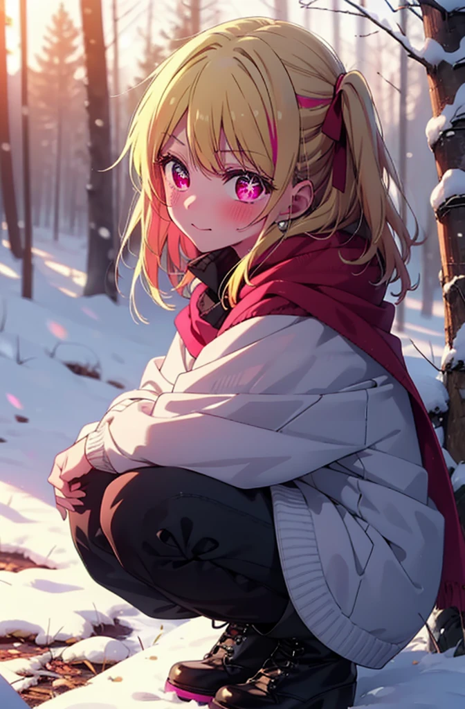 rubyhoshino, Hoshino Ruby, Long Hair, bangs, Blonde, (Pink Eyes:1.3), Side Lock, (Symbol-shaped pupil:1.5), Multicolored Hair, Two-tone hair, smile,,smile,blush,white breath,
Open your mouth,snow,Ground bonfire, Outdoor, boots, snowing, From the side, wood, suitcase, Cape, Blurred, , forest, White handbag, nature, Squat, Mouth closed, Cape, winter, Written boundary depth, Black shoes, red Cape break looking at viewer, Upper Body, whole body, break Outdoor, forest, nature, break (masterpiece:1.2), Highest quality, High resolution, unity 8k wallpaper, (shape:0.8), (Beautiful and beautiful eyes:1.6), Highly detailed face, Perfect lighting, Highly detailed CG, (Perfect hands, Perfect Anatomy),