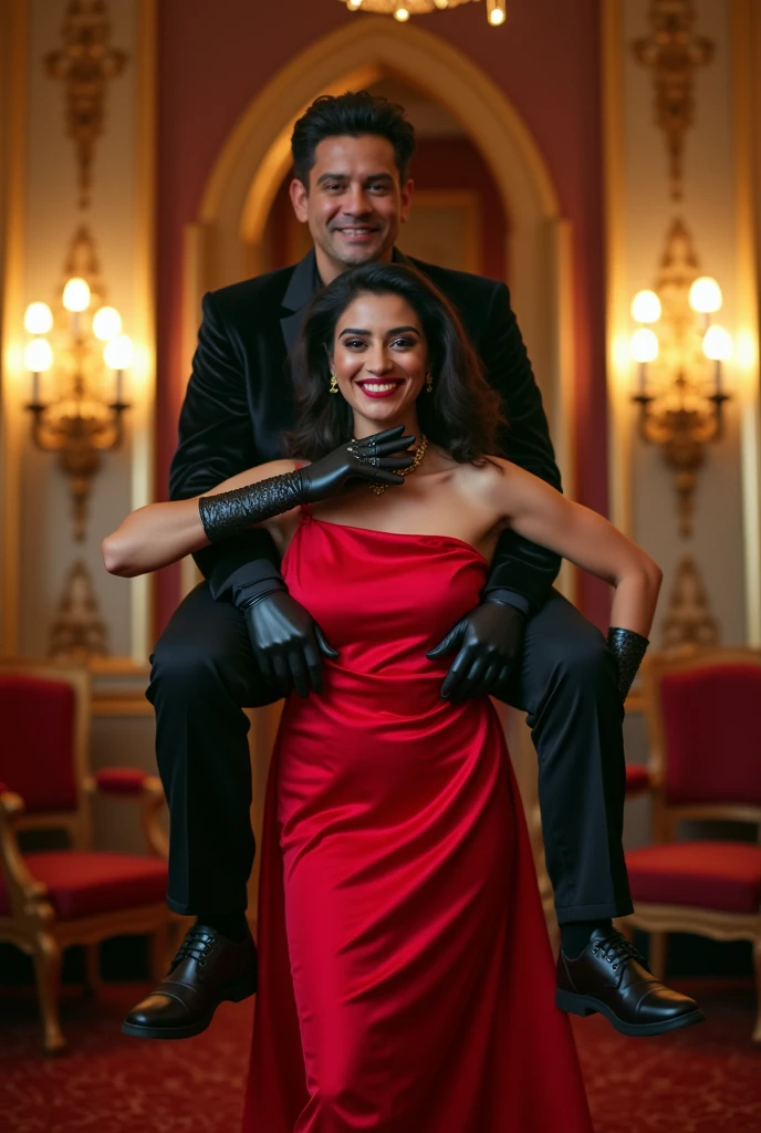 Create a realistic photograph of a smiling and beautiful indian actress in red satin carrying a large stout man on her shoulders in a room, man is sitting on top of her shoulders , man on top, woman standing at bottom , she is wearing black gloves 