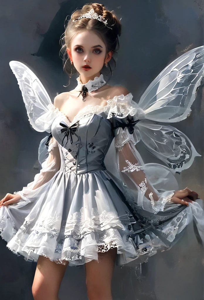 ((best quality)), ((masterpiece)), (detailed), 1girl, off-shoulder, Character design, female, dynamic poses, long white grey hair, grey white eyes, very skinny, detailed, best quality, no accesoires around the neck, no shoes, prominent collarbones, skinny arms, flat stomach, visible hip bones, full body, blank white background, plain background, white background, red and white clothing, Bloodborne inspired, occult aesthetic, occult, detailed and intricate steampunk and detailed gothic, NSFW, Very dramatic and cinematic lighting, cosmic horror, grim-dark, side-lighting, perfect face, NSFW, Fluttering lace flared long knee length dress with frilly petticoats, knee length dress, pleated petticoats, petticoats gothic, complex lace boots, side-lighting, gothic lolita aesthetic, wielding a mighty sword with mechanical components, mandalas, small breasts, a fairy, various different types of insect wings, NSFW, full body, whole body, body, plain background, white background, blank background, no background, white background NSFW, chains, full body, whole body, head-to-toe NSFW, oil painting