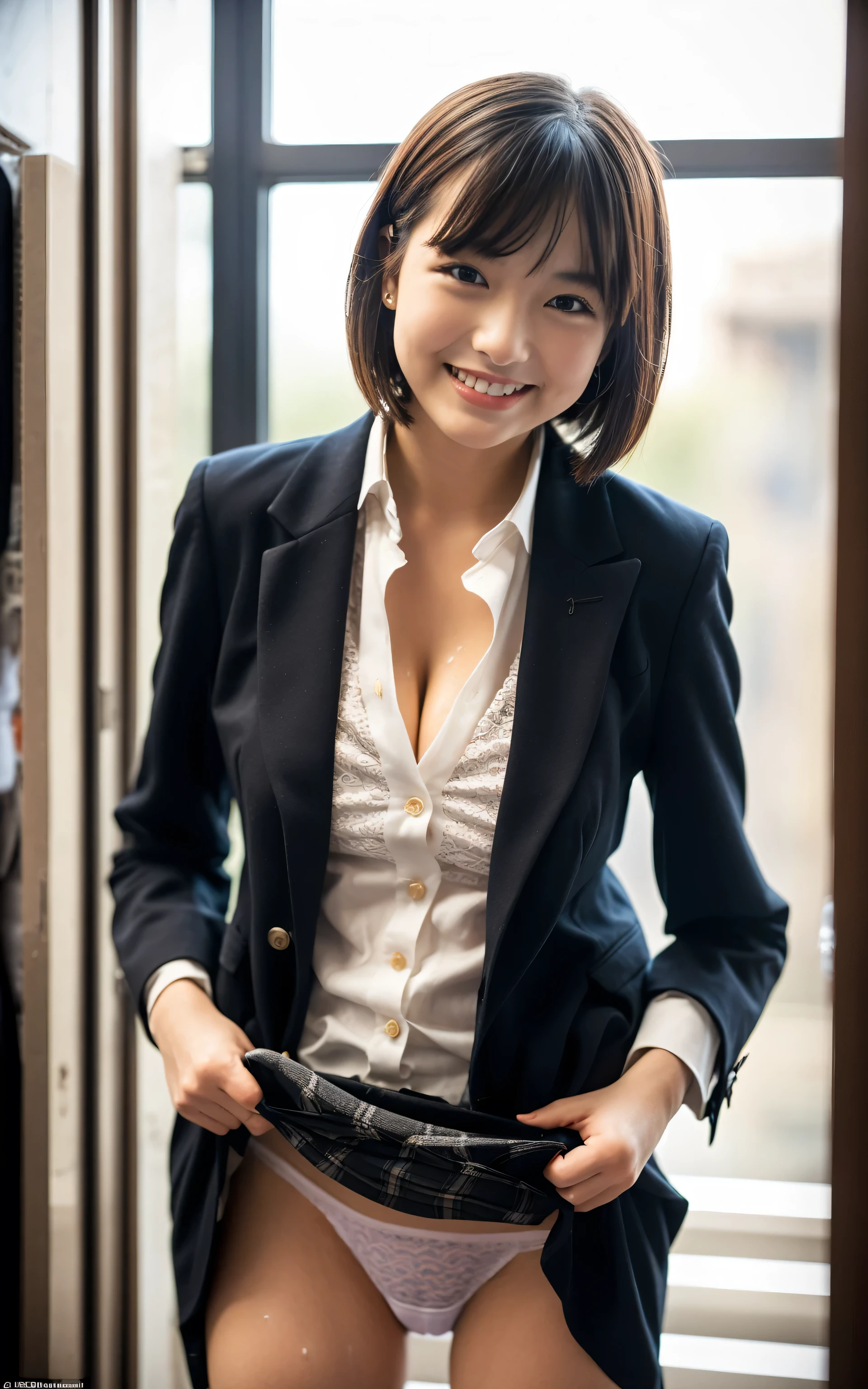 (((leaning forward:1,bent over:1))),Inside a suit shop,(My skin is wet with sweat..5),(Wearing a shirt:1.3),Suits lined up,looking at the camera,Cleavage,A big smile,Skirt Lift、Lift your skirt with your hands,woman, 20-year-old, Short Hair、bangs、(Plain suit skirt),(White lace panties)、Cute earrings,Natural lighting