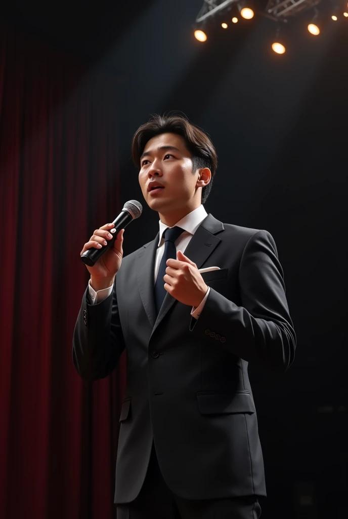 a Korean gentleman handsome 30s, is wearing a suit, holding 1 microphone, giving out a speech on stage,16:9, hperrealistic