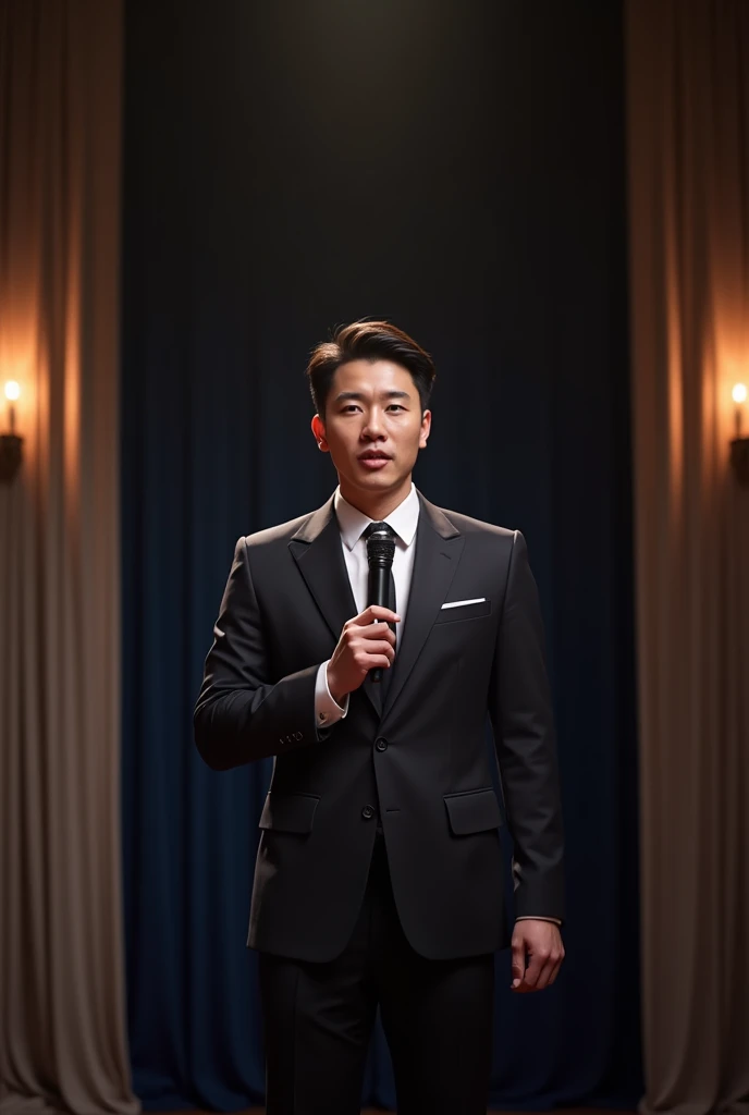 a Korean gentleman handsome 30s, is wearing a suit, holding 1 microphone, giving out a speech on stage,16:9, hperrealistic