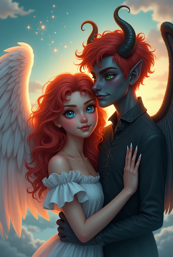 A red-haired angel with blue eyes and a handsome red-haired demon with green eyes, and they are siblings.