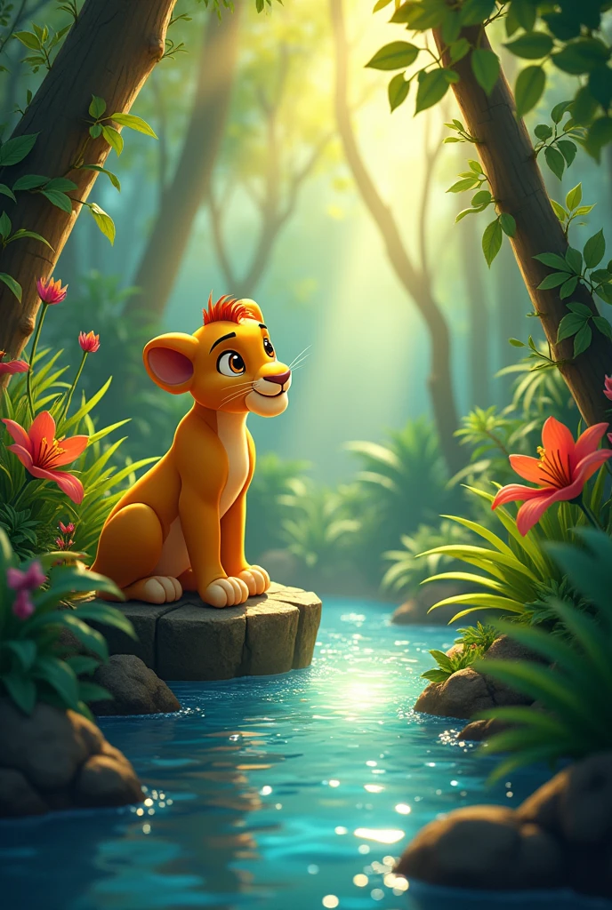 One bright morning, while exploring the jungle, Simbha heard laughter coming from a nearby river."**  
