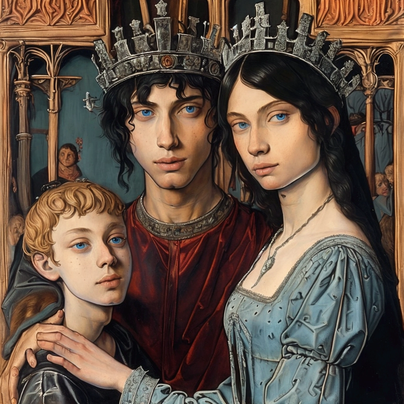 a medieval gothic portrait of a 15-year-old english prince from the early 1100s, messy black hair, ice-blue eyes, high middle ages, early gothic, 12th century