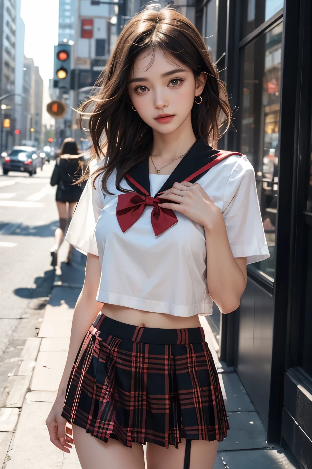 Ultra-high resolution,(reality: 1.4),Highest quality, masterpiece, Attention to detail, 16K quality, 1 beautiful girl,super beautiful face,Baby Face,Cute Face,Highly detailed face,Detailed hands,Beautiful skin,Cute Idol,Professional Lighting,short hair, brown beautiful eyes,((Sailor uniform with beautiful delicate lines)),Red bow tie,(A super mini skirt in red and black tartan check.),Are standing,A gust of wind flipped my skirt up and I had to hold it down with my hands,(((Showing panties))),((White panties)),Beautiful breasts,Walking in the city,Blur the background、Transparent with sweat、garter belt、necklace、Earrings