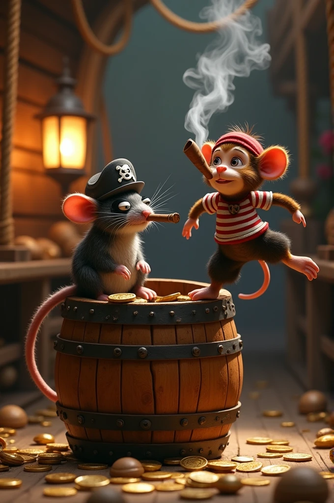 A rat and a monkey wearing pirate clothes smoking in a movie