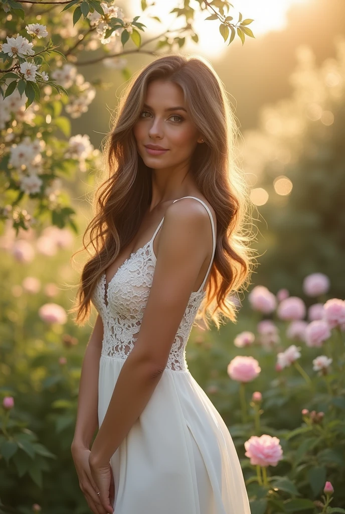 A beautiful woman with a perfect body wearing a white dress, the top half of the dress straps fell revealing her perfect breasts. 