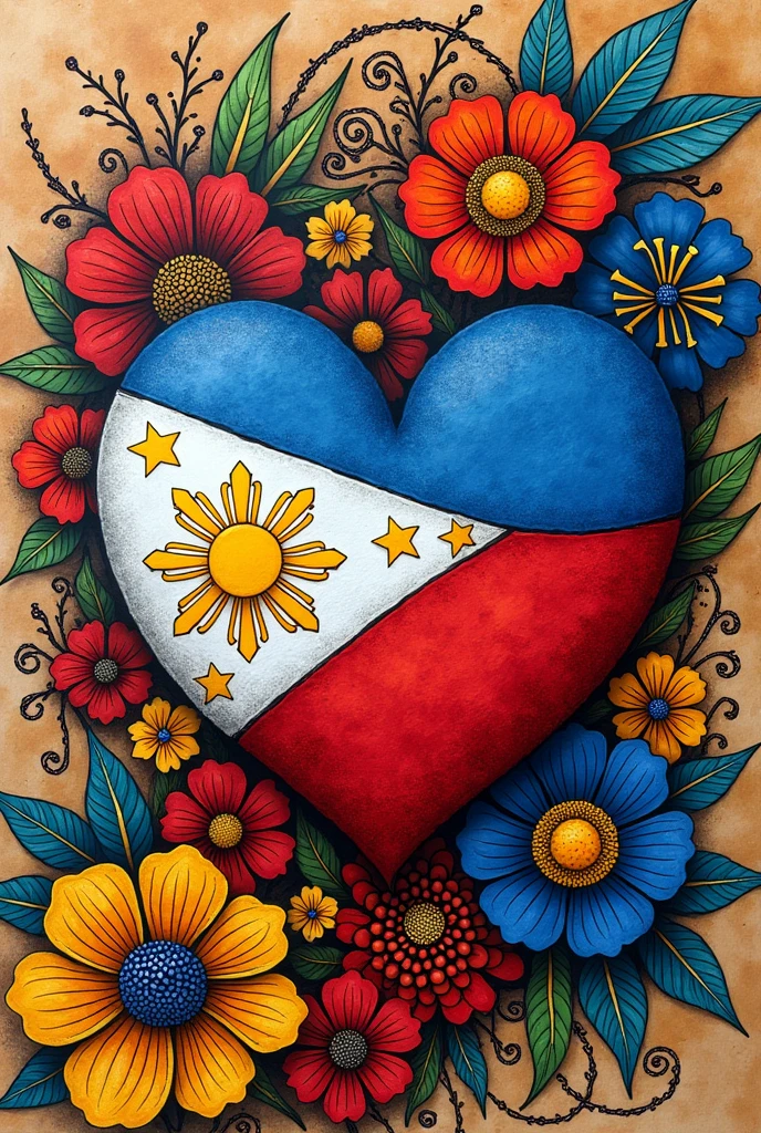 Create me an simple zentangle art with Philippine flag on it and different pattern in zentangle art and also depicts the love of pilipino in arts in a bind paper