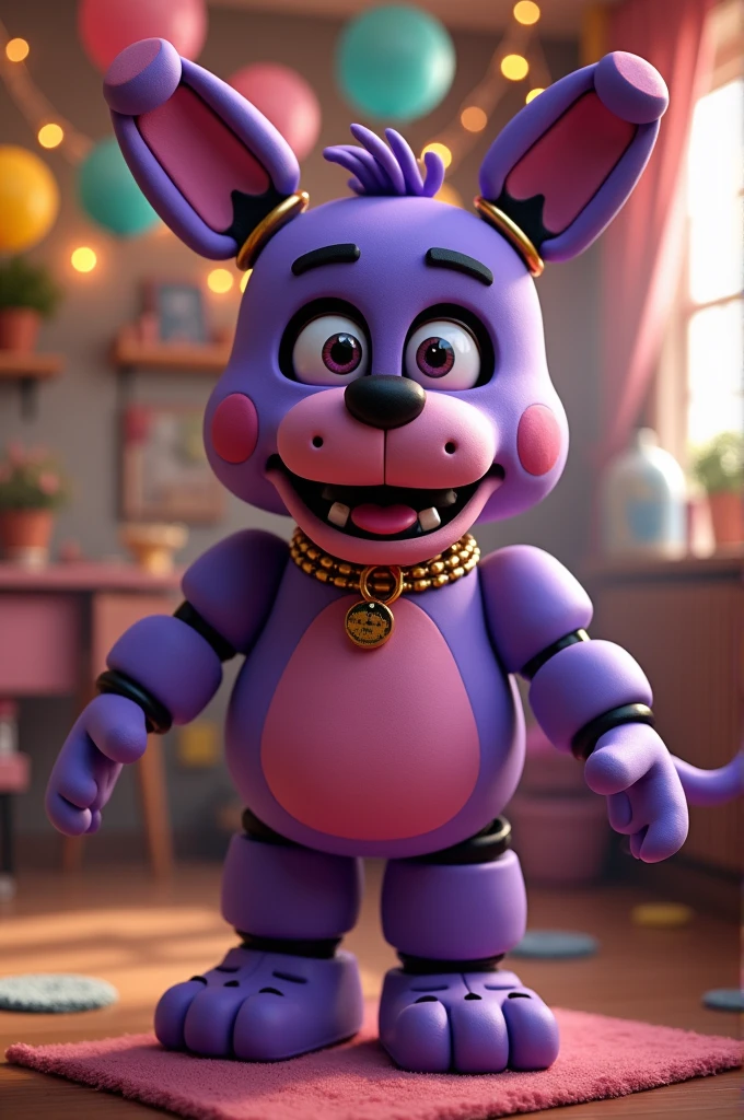 Fnaf Animatronic named Bonnie and He's doing his pose acting like a dog. He's Purple and has a dog collar. He's wagging his tail, panting, and he's a good boy.