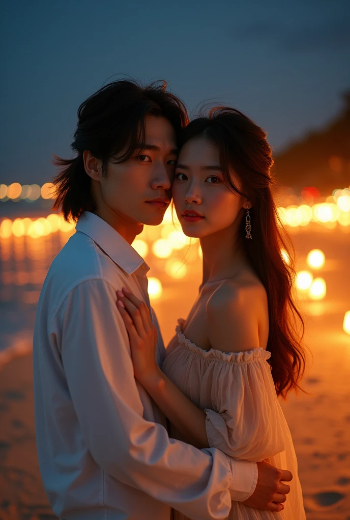 A stunning photograph of korean man had a shoulder length hair and tied up with long bangs. he is hugging a beautiful long hair woman. Warm beach setup wonderful night. they both seeing to camera, shoted dimmed light with 150mm lens, perfect ratio photo
