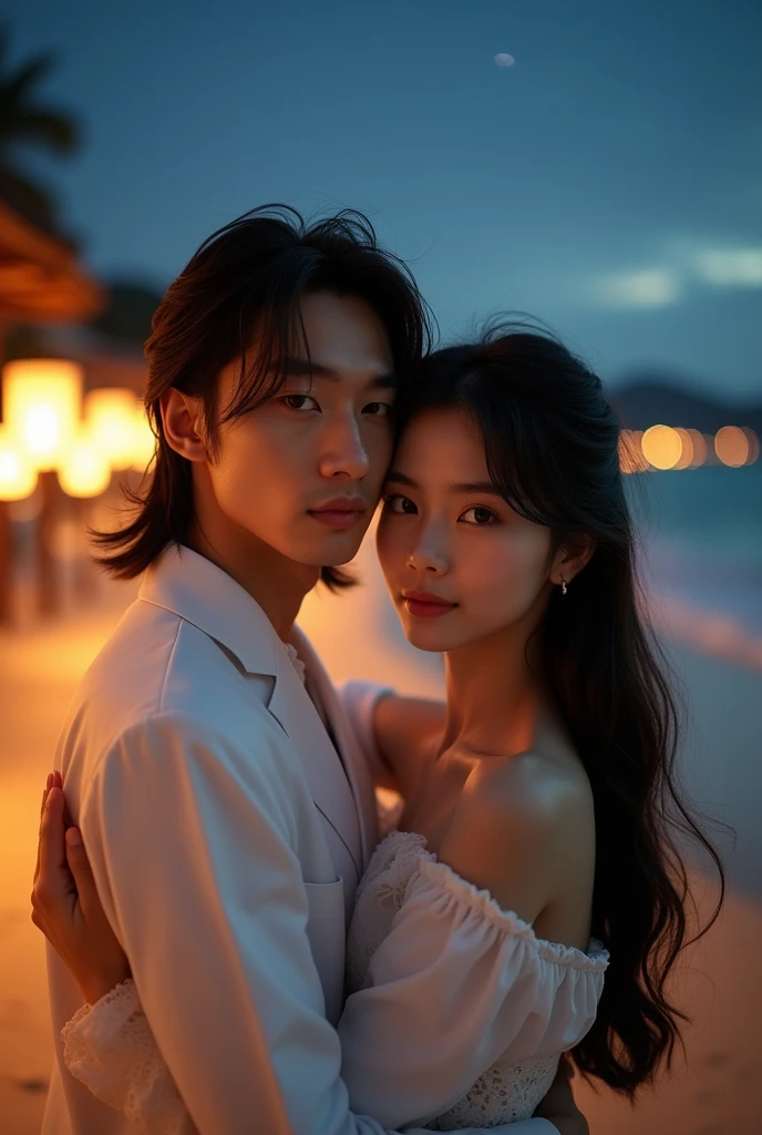 A stunning photograph of korean man had a shoulder length hair and tied up with long bangs. he is hugging a beautiful long hair woman. Warm beach setup wonderful night. they both seeing to camera, shoted dimmed light with 150mm lens, perfect ratio photo