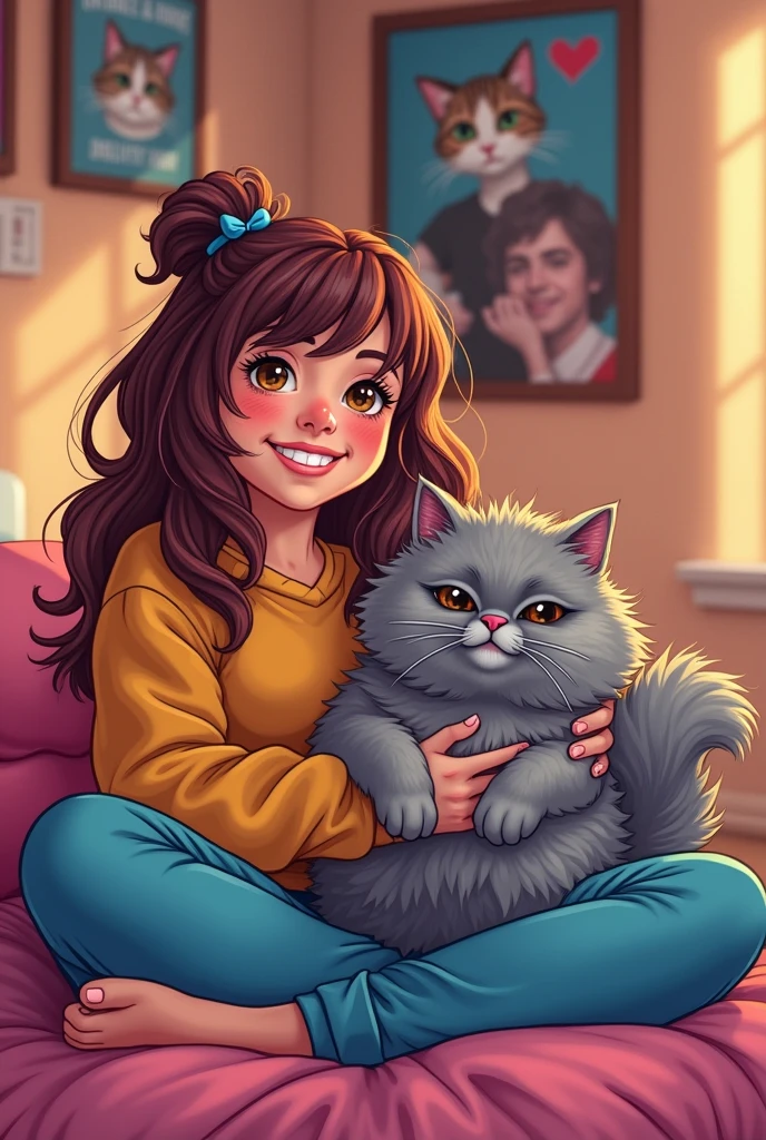 Grey and furry Persian cat cartoon image with its owner, A ager 