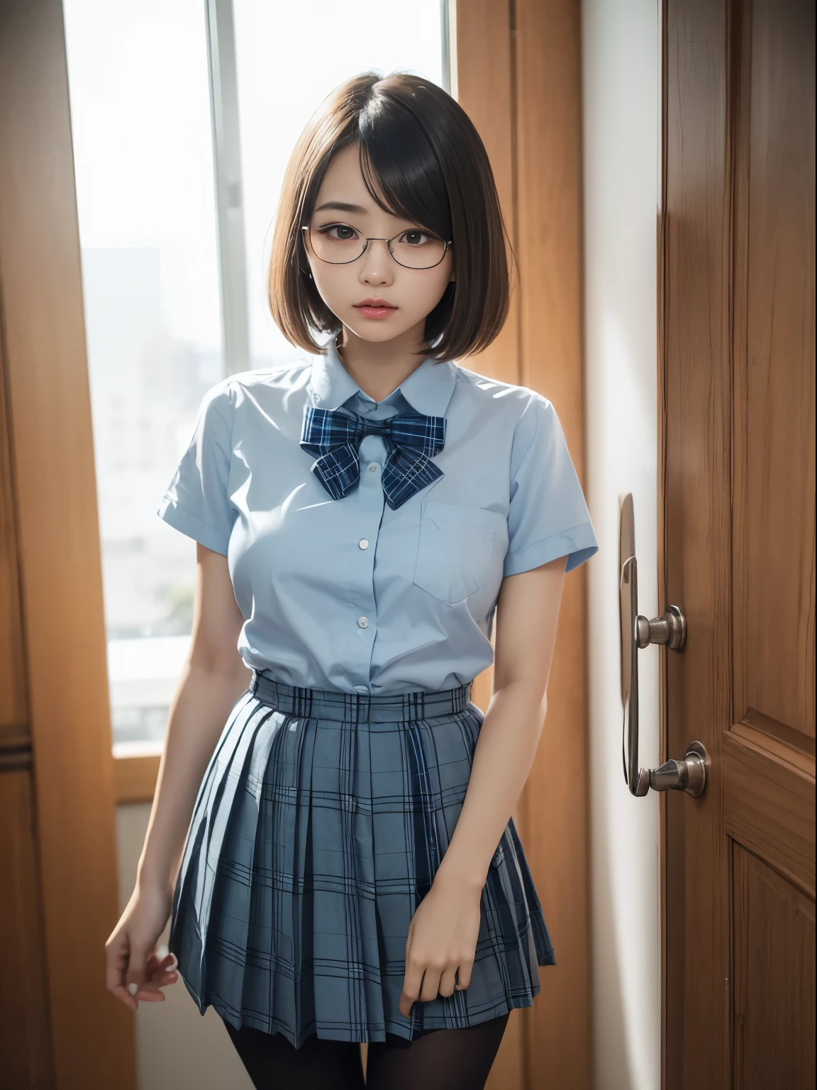 (8k、生photograph、 Highest quality、masterpiece:1.2)、(Short Hair)、(Small eyes)、((Black Pantyhose))、((Small breasts)、(Small breasts)、(Small breasts)、(Cutting board)、(Half an eye))、((Sleepy eyes))、((Squint your eyes))、(Round Glasses)、Droopy eyes、One person、cute、JK、high school girl、Japanese women、(Are standing)、(PhotoReactive:1.37)、Photon Mapping、Real、(Very delicate face)、round face、cute小さな顔、Brown eyes、(Red bow tie)、Radio City、Physically Based Rendering、Prospect、Character boundary depth、Blurred Background、photograph、、body、Beautiful feet、Long legs、Thin legs、(前hairが見える)、hair、lips、Blue_The目、Soft Nose、(Light blue shirt)、(Navy, blue and white plaid pleated skirt)、High school uniforms、See-through clothing、Thighs、black cotton socks、Nogizaka Idol、Japanese Idol