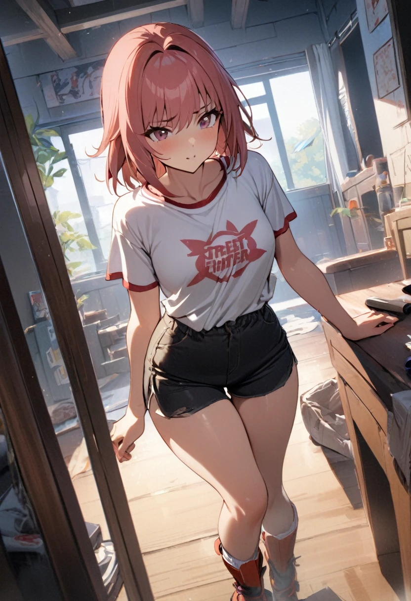 1girl, sakura, street fighter,shirt,shorts,room,masterpiece, best quality, absurdres,