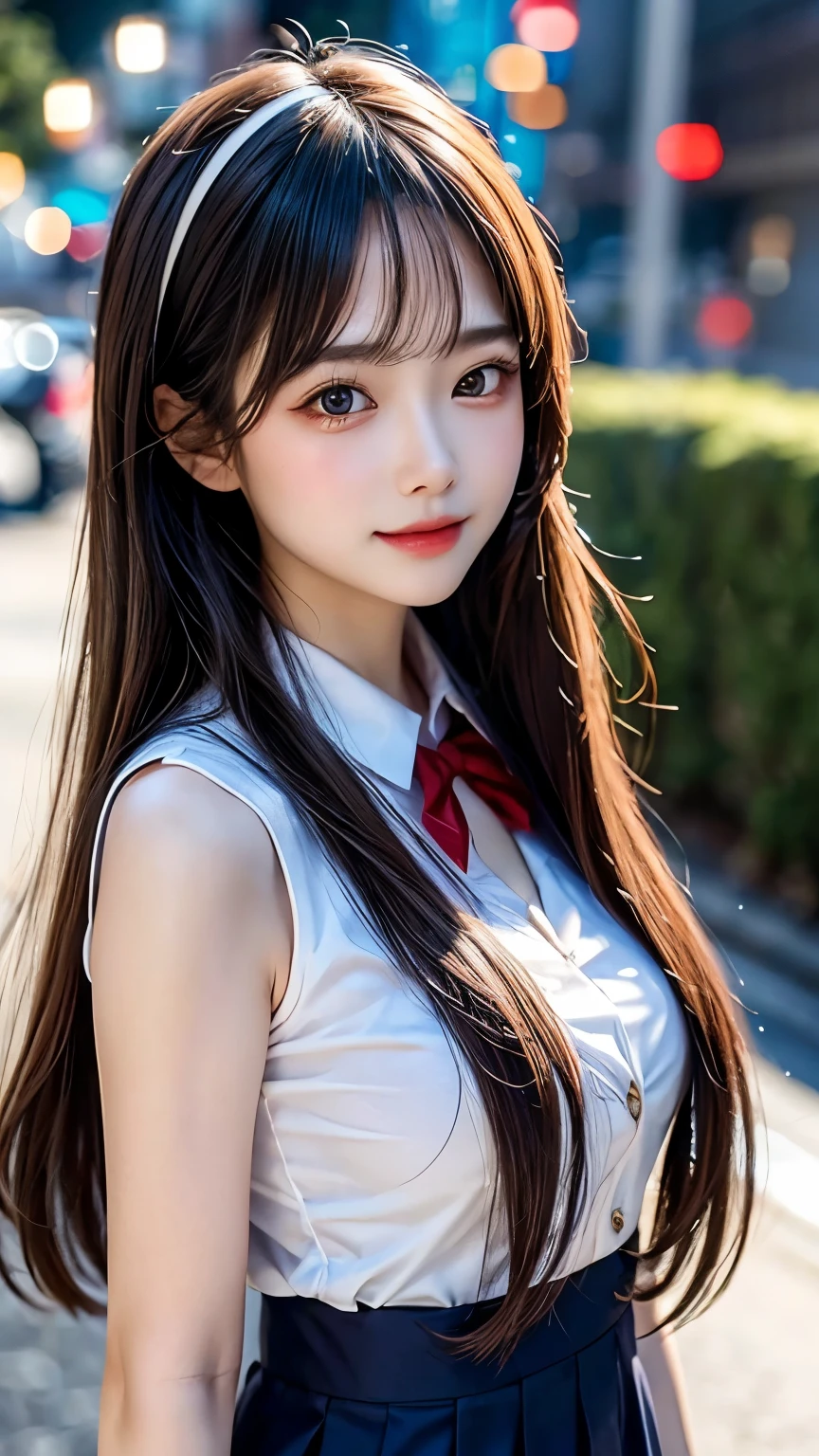 (highest quality:1.4), beautiful face, 8k, 85mm, absurd, (student uniform:1.4), The distance to the subject is far、, Angle from the side、show your shoulders,cleavage of the breast、 violaces, gardenia, delicate girl, alone, night, looking at the viewer, film grain, chromatic aberration, sharp focus, face light, professional lighting, Sophisticated, (smile:0.4), cleavage, No bra,erect nipples,(simple background, background bokeh:1.2), details face、fascinating、