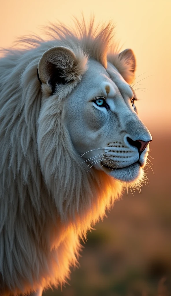 Create an ultra realistic 8k image of a white lion with blue eyes, Strong and beautiful, At sunrise and raining, focus on the Lion's face