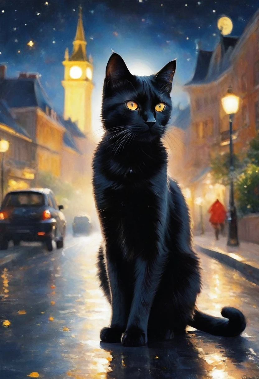 (black cat,cat,One animal),His eyes are shining,road,night,Looking at this,