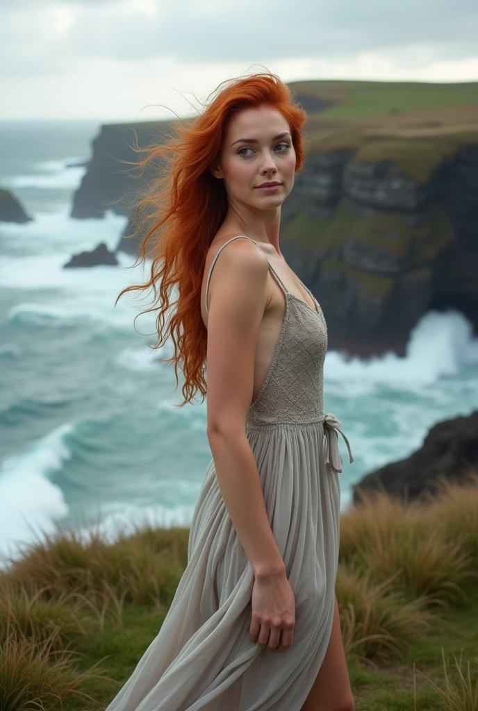 Sur une falaise sauvage d'Irlande, une femme rousse sexy se tient face au vent, incarnant la beauté et la force brute de la nature. Ses cheveux roux ondulés, flottent librement dans la brise marine, captant la lumière douce du soleil irlandais et contrastant magnifiquement avec le ciel gris perlé et la mer agitée en contrebas. Sa chevelure flamboyante semble presque se fondre avec les paysages de bruyères et de falaises abruptes, créant une harmonie visuelle envoûtante. Elle est vêtue d'une robe légère ou d'une tenue ajustée qui épouse ses courbes avec une élégance naturelle, révélant sa silhouette élancée et féminine. Le tissu de sa robe danse au rythme du vent, ajoutant une touche de dynamisme à la scène. Ses jambes longues et toniques, mises en valeur par la robe, lui donnent une allure à la fois sensuelle et puissante. Son regard est tourné vers l'horizon, où les vagues se brisent contre les rochers escarpés, ajoutant à l'atmosphère dramatique de l'endroit. Ses yeux, d'un vert intense, brillent d'une lumière intérieure, reflétant à la fois la sérénité et la passion. Ses traits délicats sont accentués par le vent frais qui caresse son visage, tandis que ses lèvres, légèrement souriantes, expriment une confiance tranquille.
