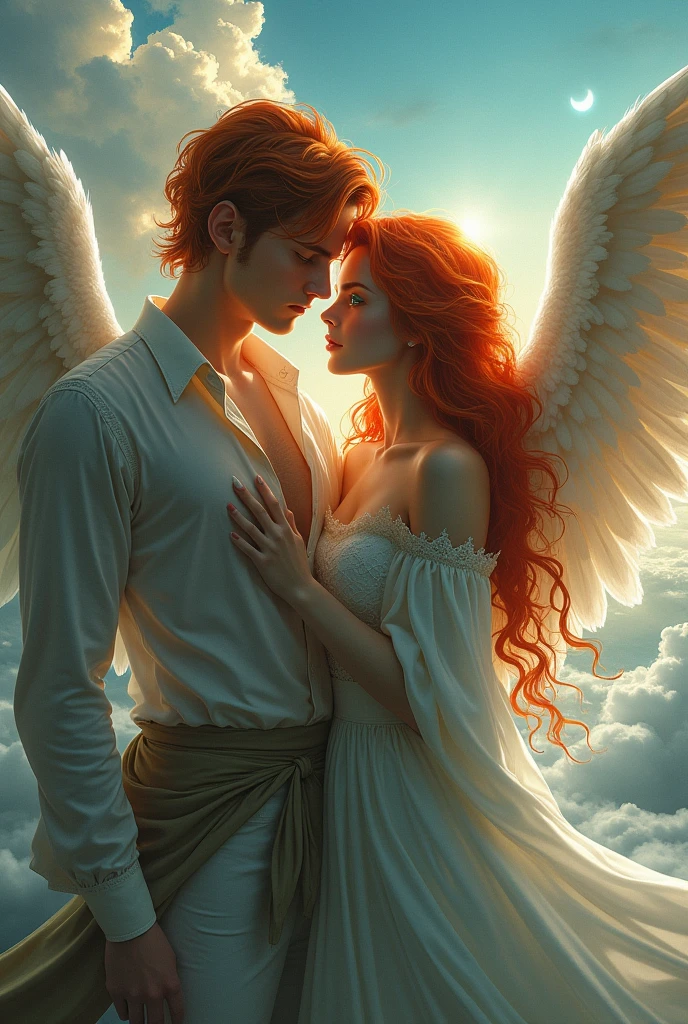 A red-haired angel with blue eyes and a handsome red-haired demon with green eyes, and they are siblings.