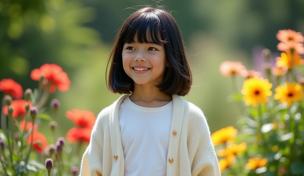 Top quality, masterpiece, Ultra HD, (Reality: 1.4), (Look: 1.4), (Look: 1.4), Don't look at the camera, RAW photos, A girl, Black Hair, (Straight Bob: 1.4), (Patterson: 1.4), Bangs, Smile, Smooth skin, Dramatic Lighting, Neat, t-shirt, White summer sweater, (Large target: 0.9), garden