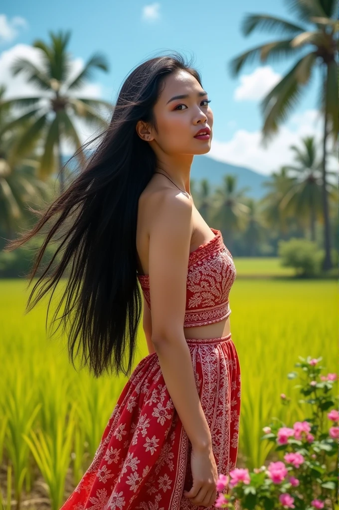 a beautiful woman with black hair wearing a red and white dress, Indonesian background.