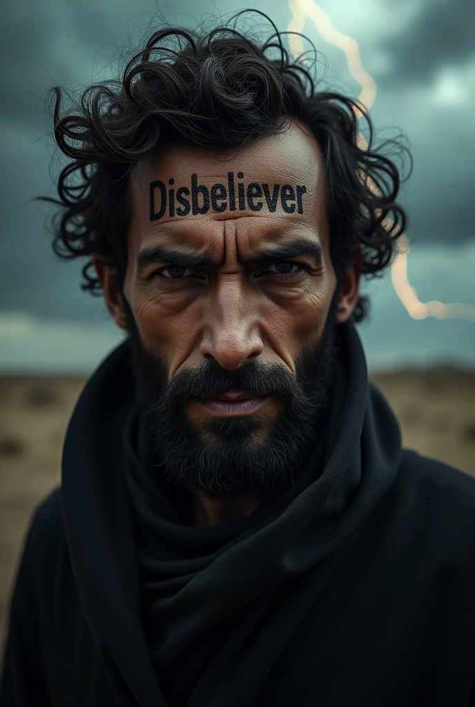 The image of Dajjal (the Antichrist), he has brown skin, is BLIND from the right eye, has curly hair. Has sharp eyes and looks like 33 years old, and disbeliever written on his forehead 