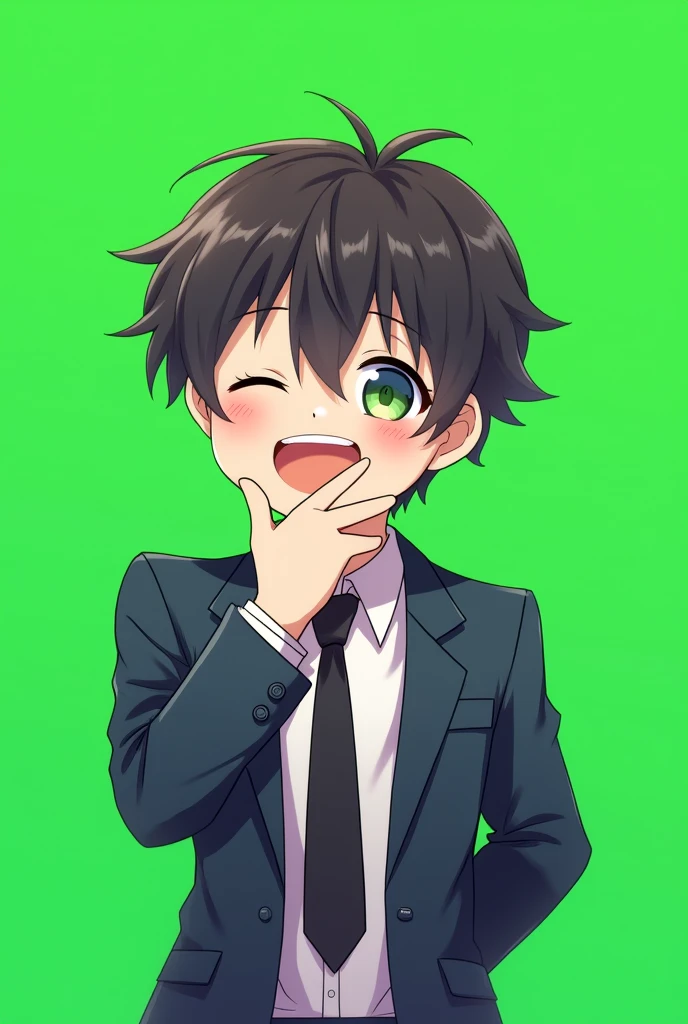 anime,Man, chibi,wearing a high school uniform, laughing while covering their mouth with their hand ,green screen behind