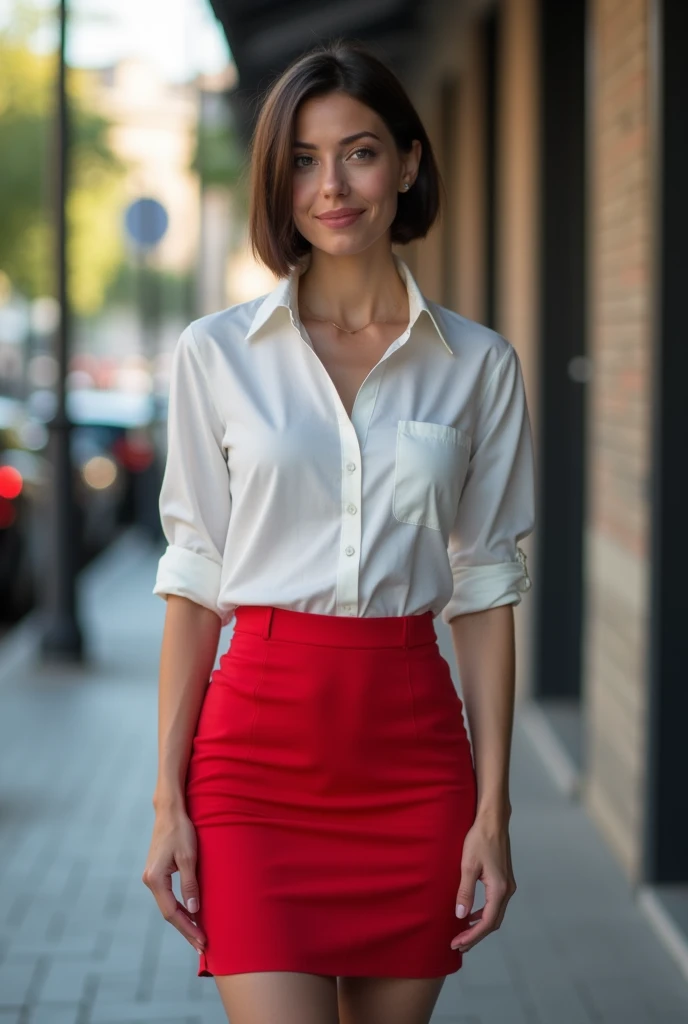 professional, (4k photo:1.1) by (Jeremy Lipking:0.3), (Dittmann Anna:0.3), (Arian Mark:0.3), (Sharp focus:1.3), high detail (front view), wearing (tight shirt:1.2), tight micro skirt, red, tights, beautiful detailed face, (stylish bob haircut)1.2 blonde hair, (attractive 55yo woman:1.3), (seductive:1.1), (blushing:1.1), hourglass body shape, natural breasts, (wide hips), (braless) pokies, cleavage, full body with visible face