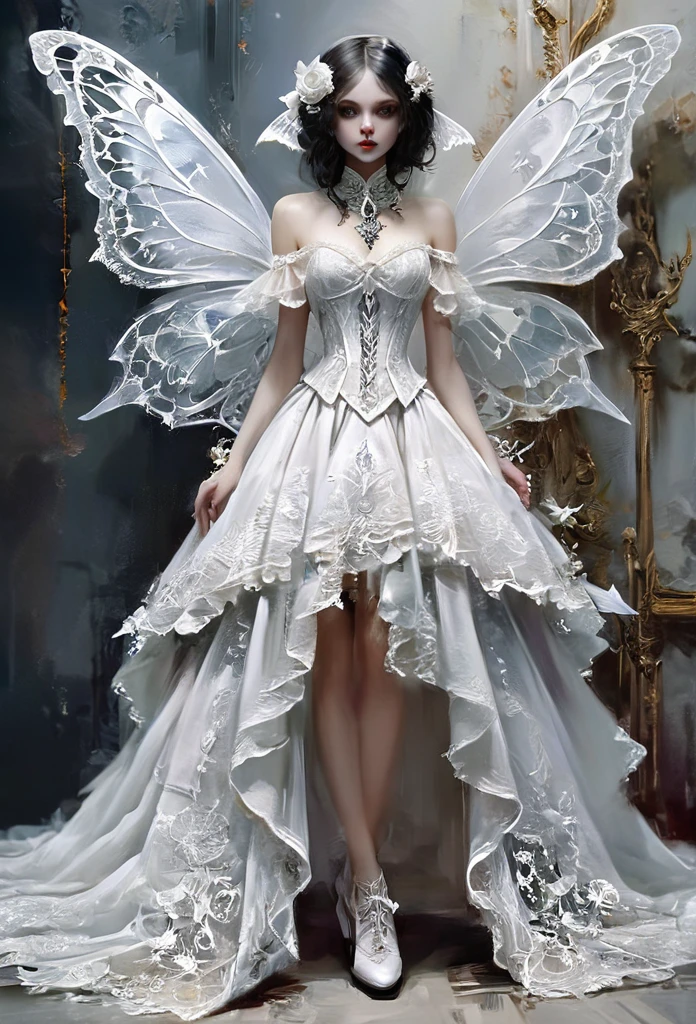 ((best quality)), ((masterpiece)), (detailed), 1girl, off-shoulder, Character design, female, dynamic poses, long white grey hair, grey white eyes, very skinny, detailed, best quality, no accesoires around the neck, no shoes, prominent collarbones, skinny arms, flat stomach, visible hip bones, full body, blank white background, plain background, white background, red and white clothing, Bloodborne inspired, occult aesthetic, occult, detailed and intricate steampunk and detailed gothic, NSFW, Very dramatic and cinematic lighting, cosmic horror, grim-dark, side-lighting, perfect face, NSFW, Fluttering lace flared long knee length dress with frilly petticoats, knee length dress, pleated petticoats, petticoats gothic, complex lace boots, side-lighting, gothic ta aesthetic, wielding a mighty sword with mechanical components, mandalas, small breasts, a fairy, various different types of insect wings, NSFW, full body, whole body, body, plain background, white background, blank background, no background, white background NSFW, chains, full body, whole body, head-to-toe NSFW, oil painting
