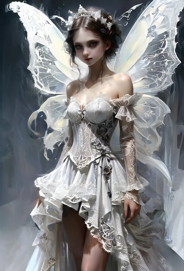 ((best quality)), ((masterpiece)), (detailed), 1girl, off-shoulder, Character design, female, dynamic poses, long white grey hair, grey white eyes, very skinny, detailed, best quality, no accesoires around the neck, no shoes, prominent collarbones, skinny arms, flat stomach, visible hip bones, full body, blank white background, plain background, white background, red and white clothing, Bloodborne inspired, occult aesthetic, occult, detailed and intricate steampunk and detailed gothic, NSFW, Very dramatic and cinematic lighting, cosmic horror, grim-dark, side-lighting, perfect face, NSFW, Fluttering lace flared long knee length dress with frilly petticoats, knee length dress, pleated petticoats, petticoats gothic, complex lace boots, side-lighting, gothic lolita aesthetic, wielding a mighty sword with mechanical components, mandalas, small breasts, a fairy, various different types of insect wings, NSFW, full body, whole body, body, plain background, white background, blank background, no background, white background NSFW, chains, full body, whole body, head-to-toe NSFW, oil painting