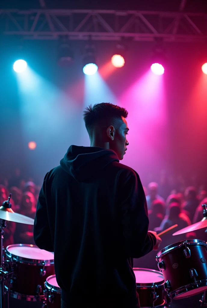 A 16-year-old Indonesian man is wearing a hoodie.,haircut (short slicked back) ,Thin and short body (short), playing drums on stage at night,side angle , looks very real, 360 low angle photography, 8k