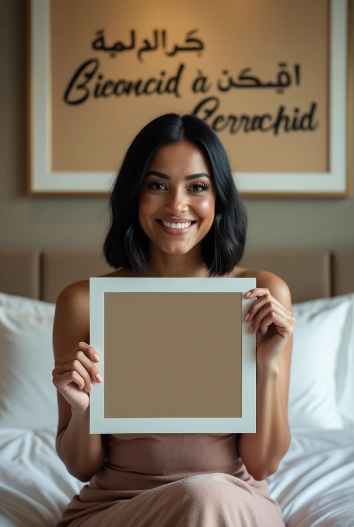 Une femme brune. Les cheveux raides, écartés ou assez écartés du cou, pas longs, de couleurs noirs. Une femme un peu volumineuse par sa forme physique. Assise dans une grande chambre d'hôtel, sur un lit de l'hôtel, souriante, la tête droite, le regard droit fixé vers l'avant, portant dans ses mains une grande photo qu'elle montre bien vers l'avant de sorte que la photo qu'elle montre soit un peu décollée de sa poitrine et derrière elle, accroché sur le mur, un tableau avec 2 écritures sur le tableau. L'une qui dit en langue arabe : Bienvenue à Berrechid et la deuxième en langue française qui dit : Bienvenue à Berrechid.