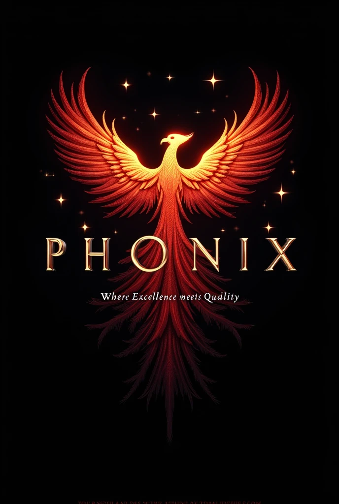 Flying Phoenix bird + infinity symbol logo in red and black combo, merge phoenix bird and infinity symbol, include only 9 stars one around the bird ,  and include the name  PHOENIX in capitals and in modern font and INFINITI in smaller font than Phoenix, place it infiniti word right below PHOENIX, and add a tagline Where Excellence meets Quality