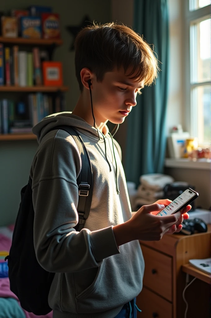 Create a young person who has problems with sedentary lifestyle and back problems, with deep-set eyes and a cell phone in their hand.