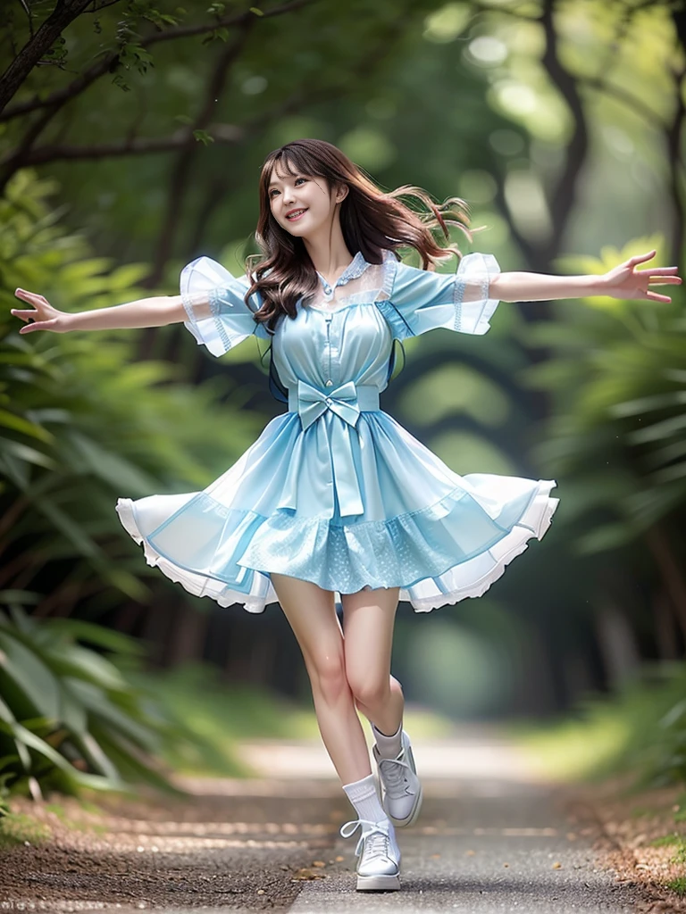 Photo-realistic quality、A Japanese female model wearing a dress and white shoes is dancing on a forest path., ダンサーのcute遊び心のあるポーズ, smile, Ruffled Costume, cute, In a dress, Wearing long, loose clothing, Spin around,cute笑顔、Relaxed and gentle expression、Detailed and beautiful eyes、cute