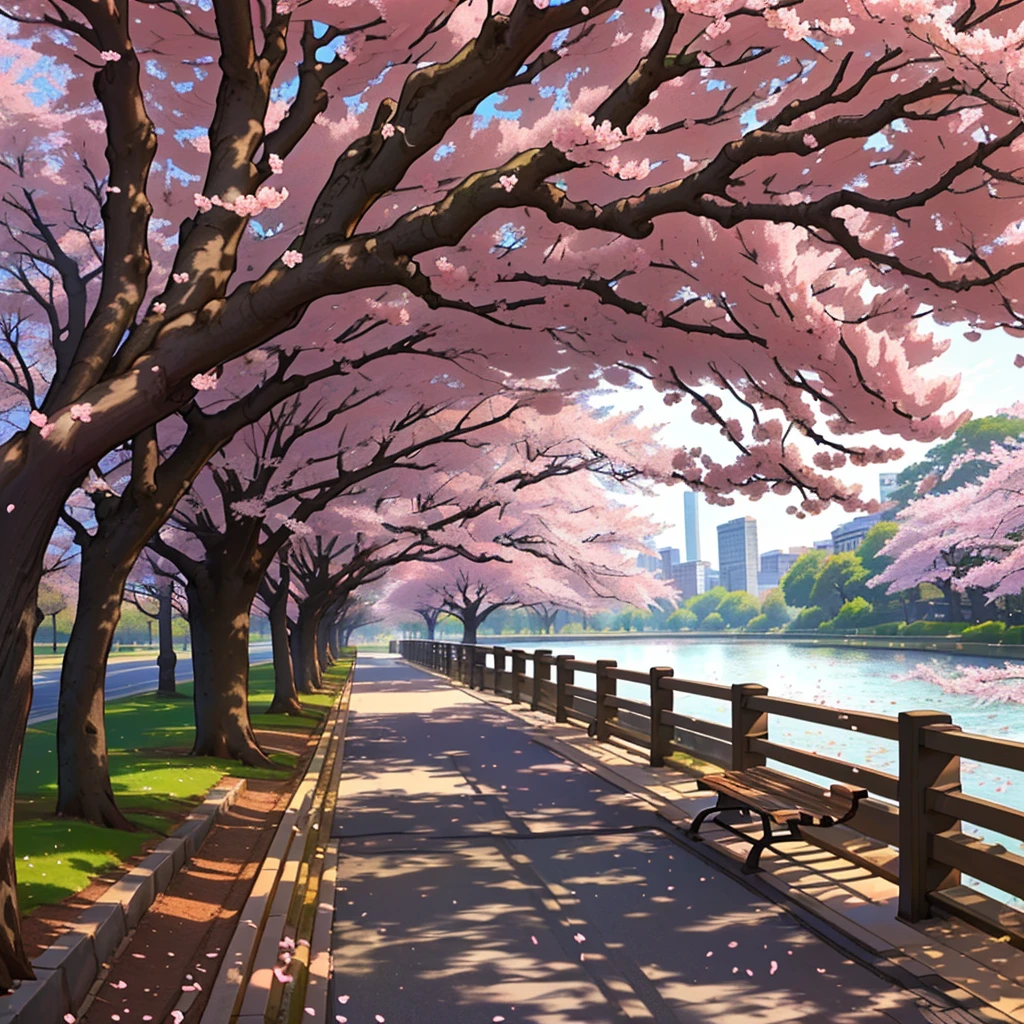 a bench stands by the water under the tree, Cherry blossom trees, city of spring season, Sakura trees, cherry trees, A blossoming path to paradise, Cherry tree, Cherry blossom trees, Cherry blossom season, lush Sakura trees, Cherry blossom tree, City park with flowers, perfect spring day with, Breathtakingly beautiful trees